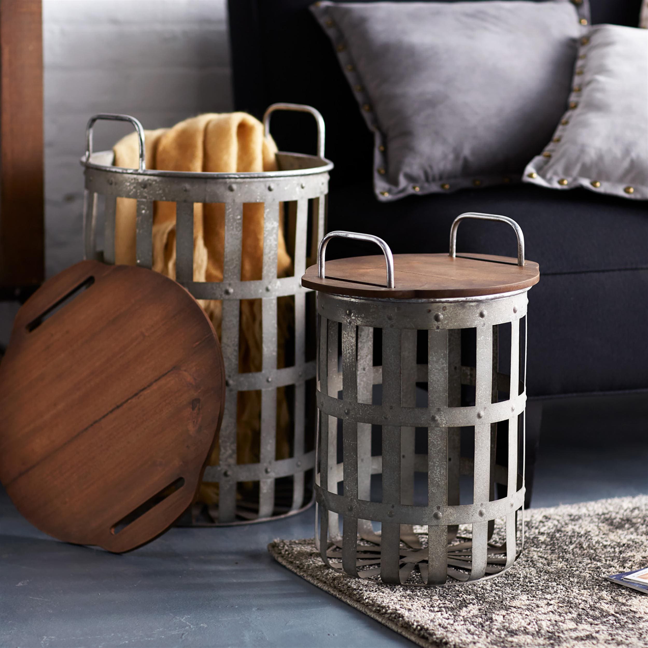 Farmhouse Wood & Metal Basket Side Tables (Set of 2)