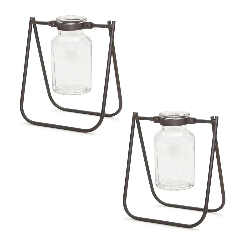 Hanging Glass Jar Vase with Metal Stand (Set of 2)