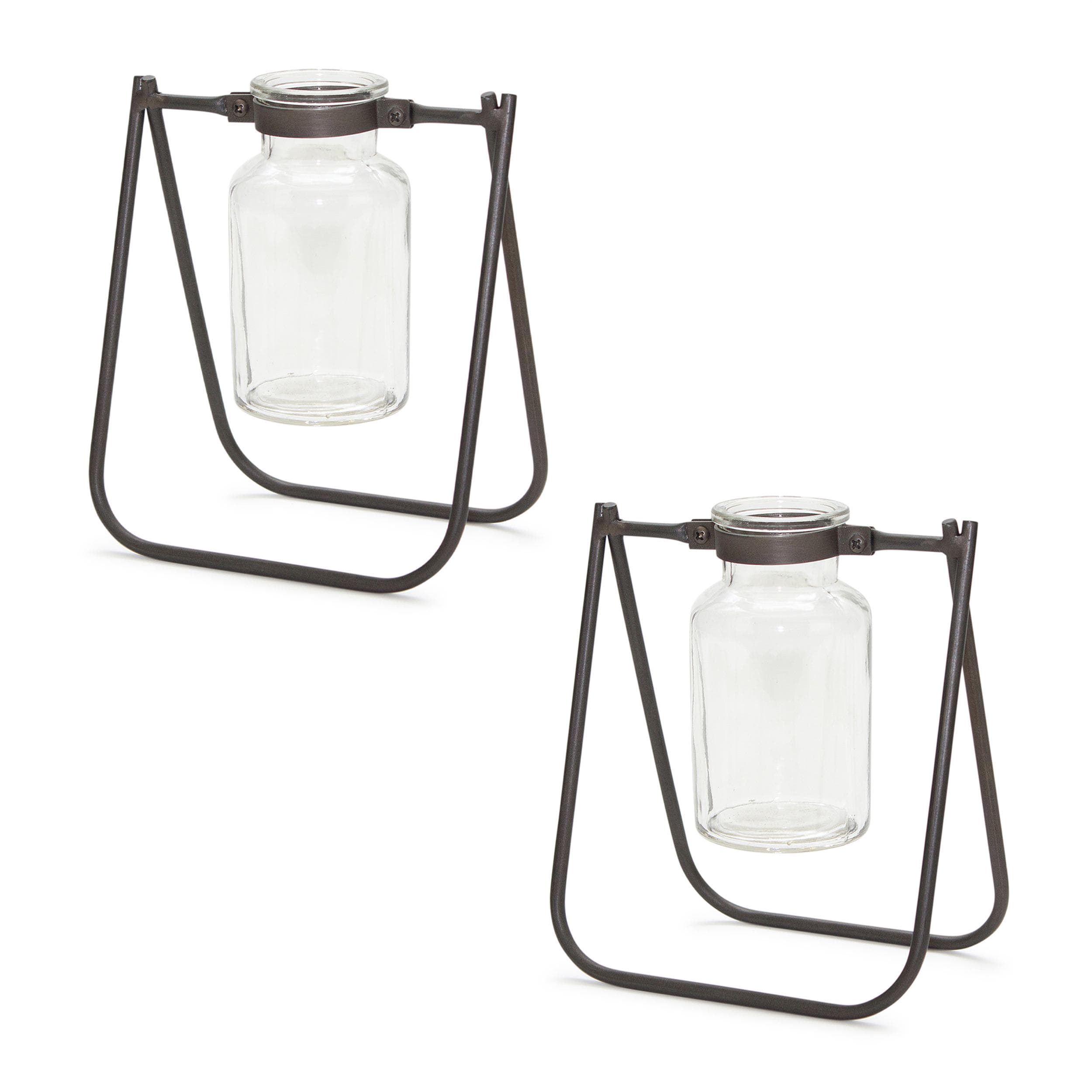 Hanging Glass Jar Vase with Metal Stand (Set of 2)