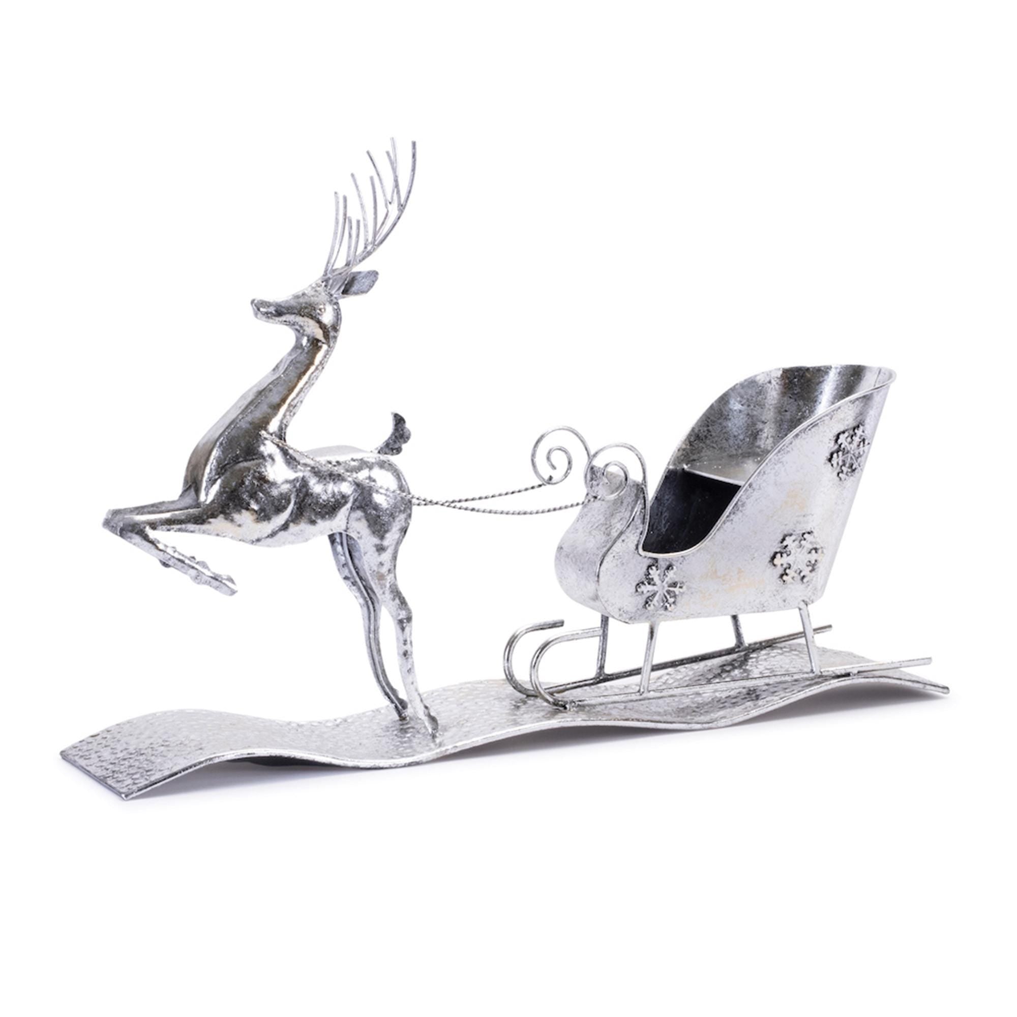 Hammered Metal Reindeer with Sleigh – Silver Christmas Decor (25.5”)