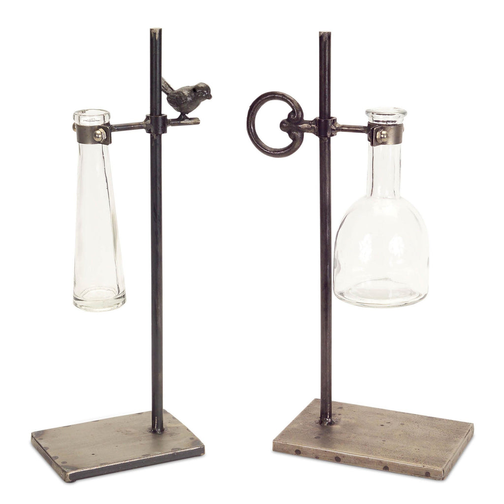 Rustic Hanging Glass Bud Vases with Metal Stand – Set of 2 Farmhouse Floral Holders
