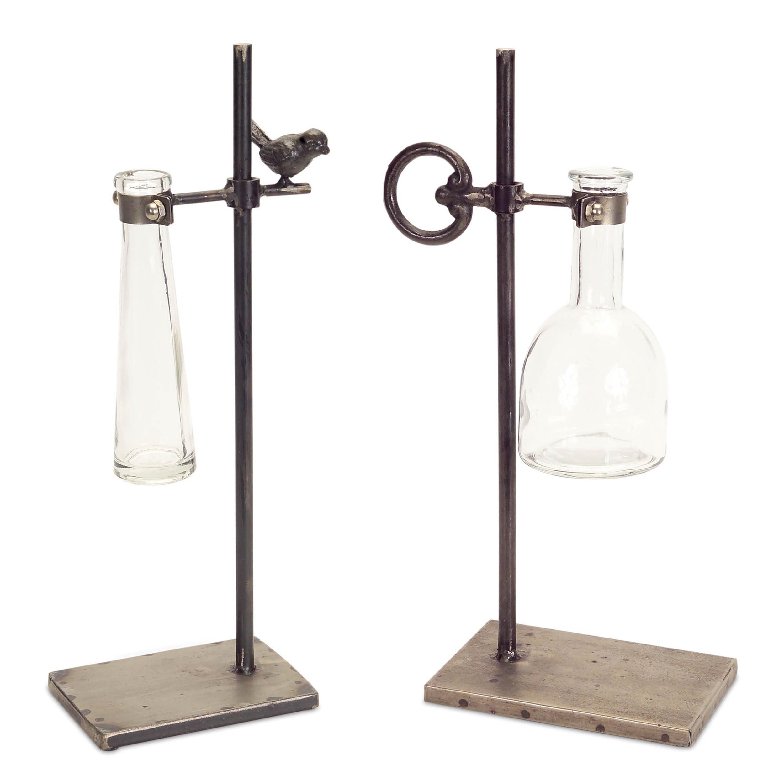 Rustic Hanging Glass Bud Vases with Metal Stand – Set of 2 Farmhouse Floral Holders