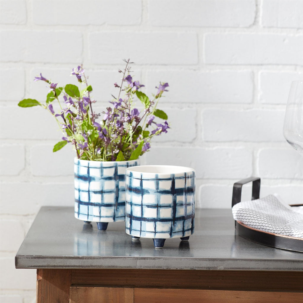 Blue and White Footed Planter Set (2 Small Pots)