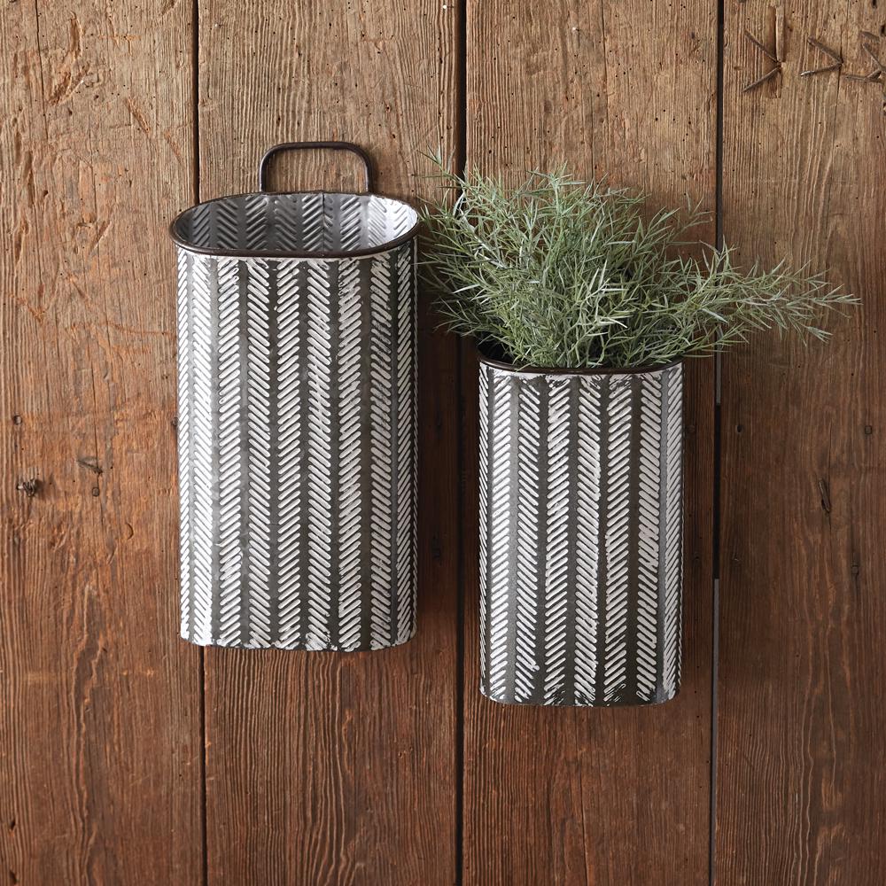 Set of 2 Tall Herringbone Bins – Rustic Metal Flower Vases or Storage