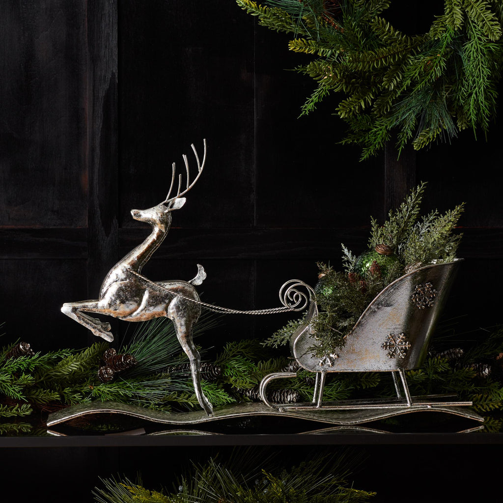 Hammered Metal Reindeer with Sleigh – Silver Christmas Decor (25.5”)