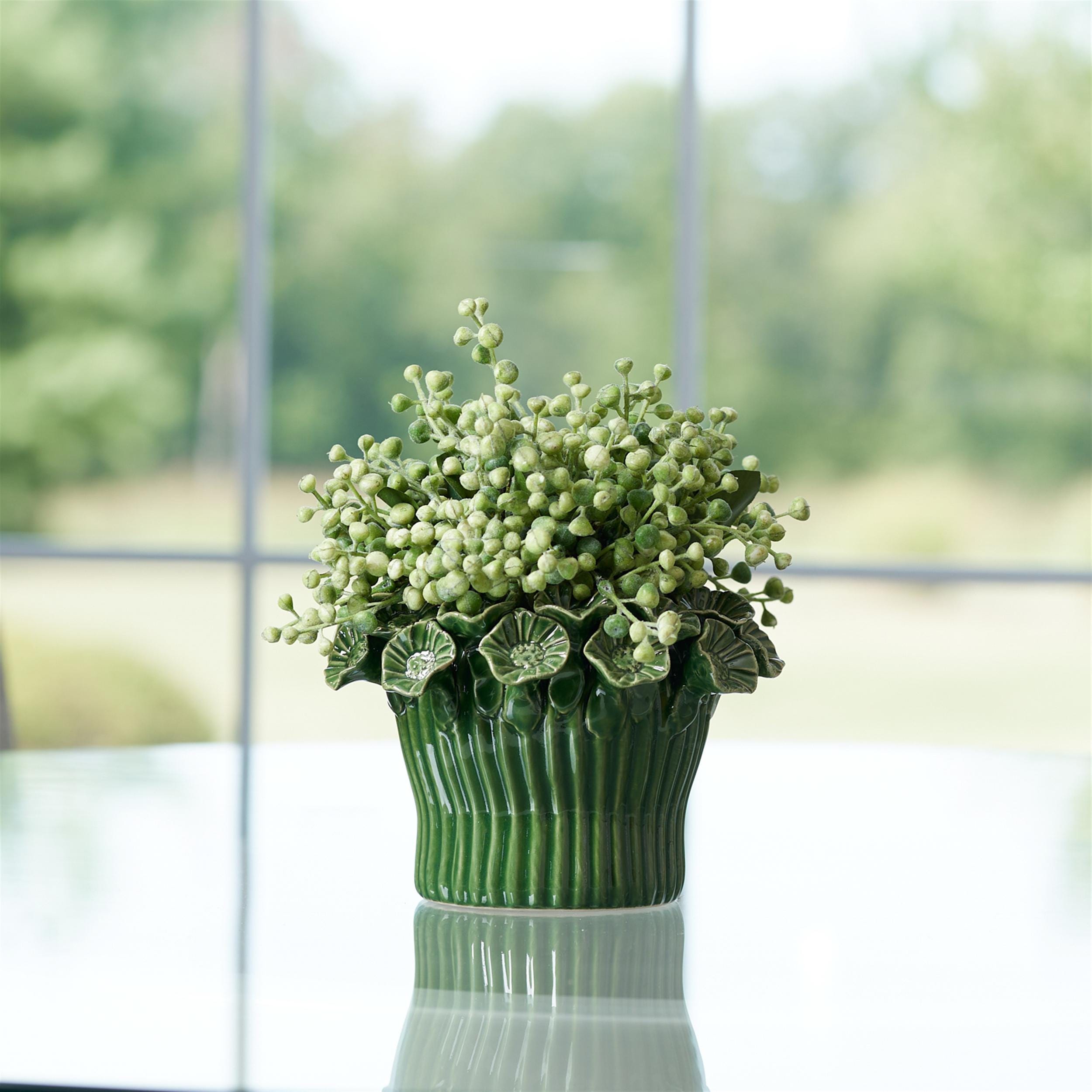 Green Stoneware Bud Vases Set of 2 | Farmhouse Floral Shelf Decor