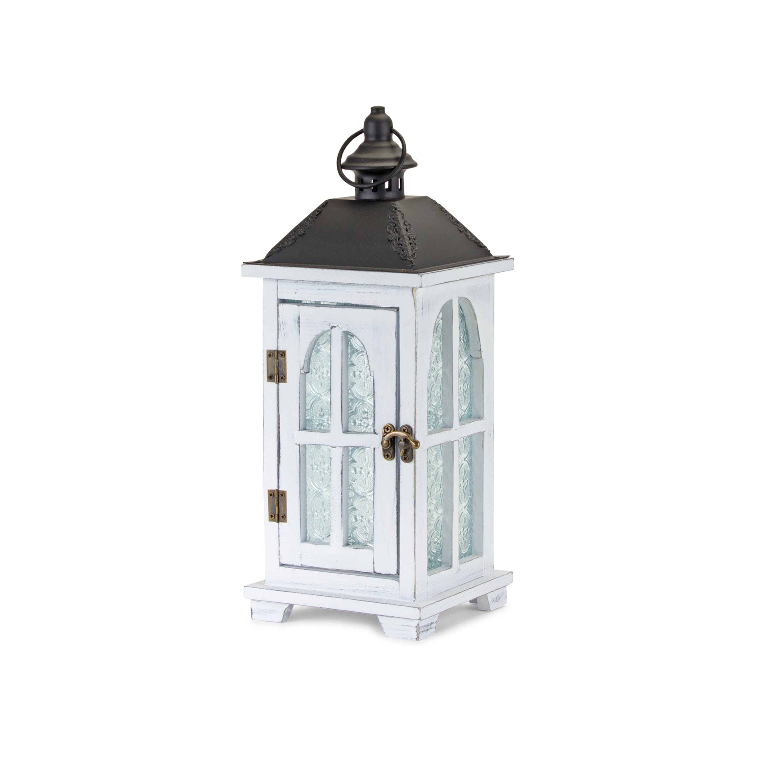 White wood lantern with ornate frosted glass (set of 2)