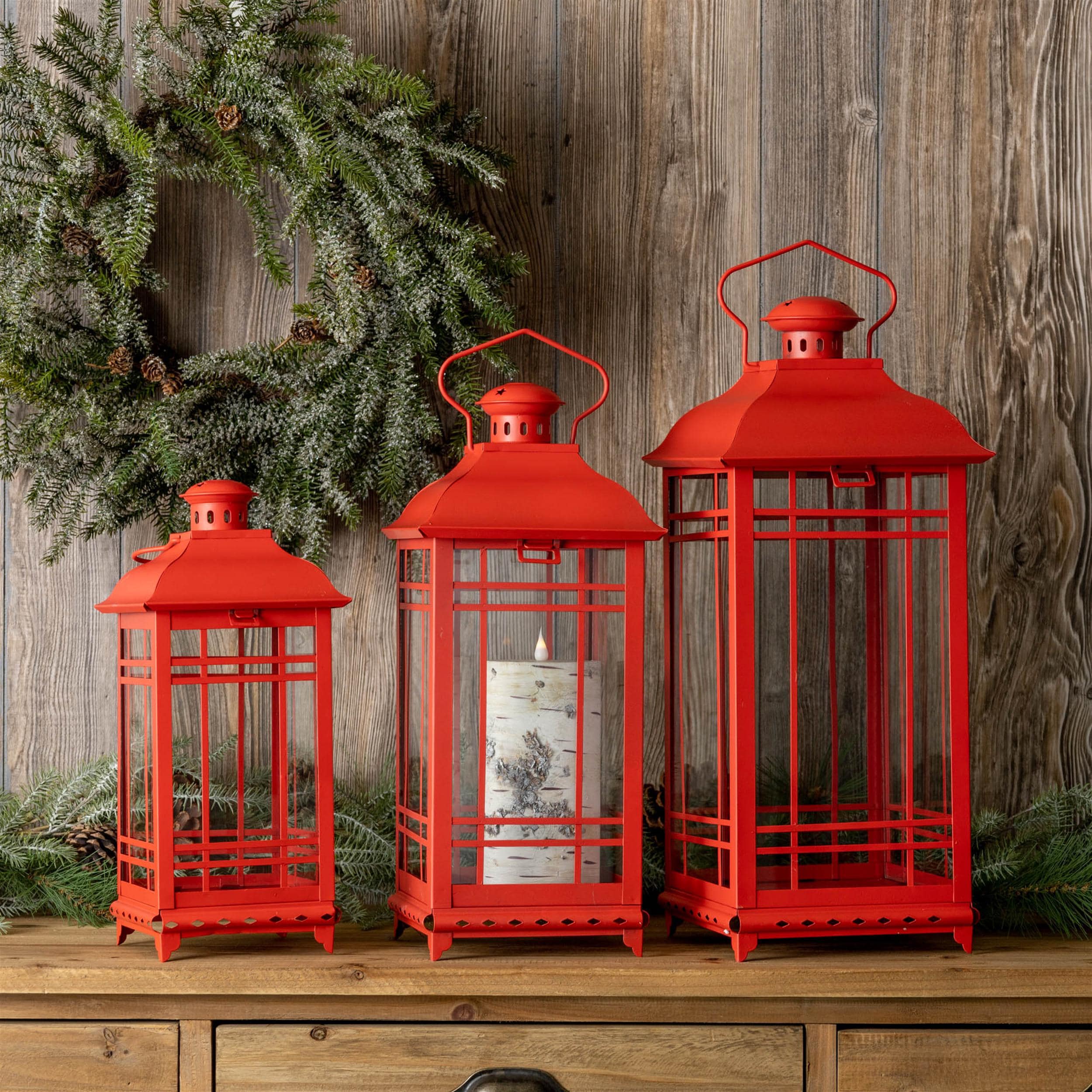 Traditional Red Metal Lantern (Set of 3)