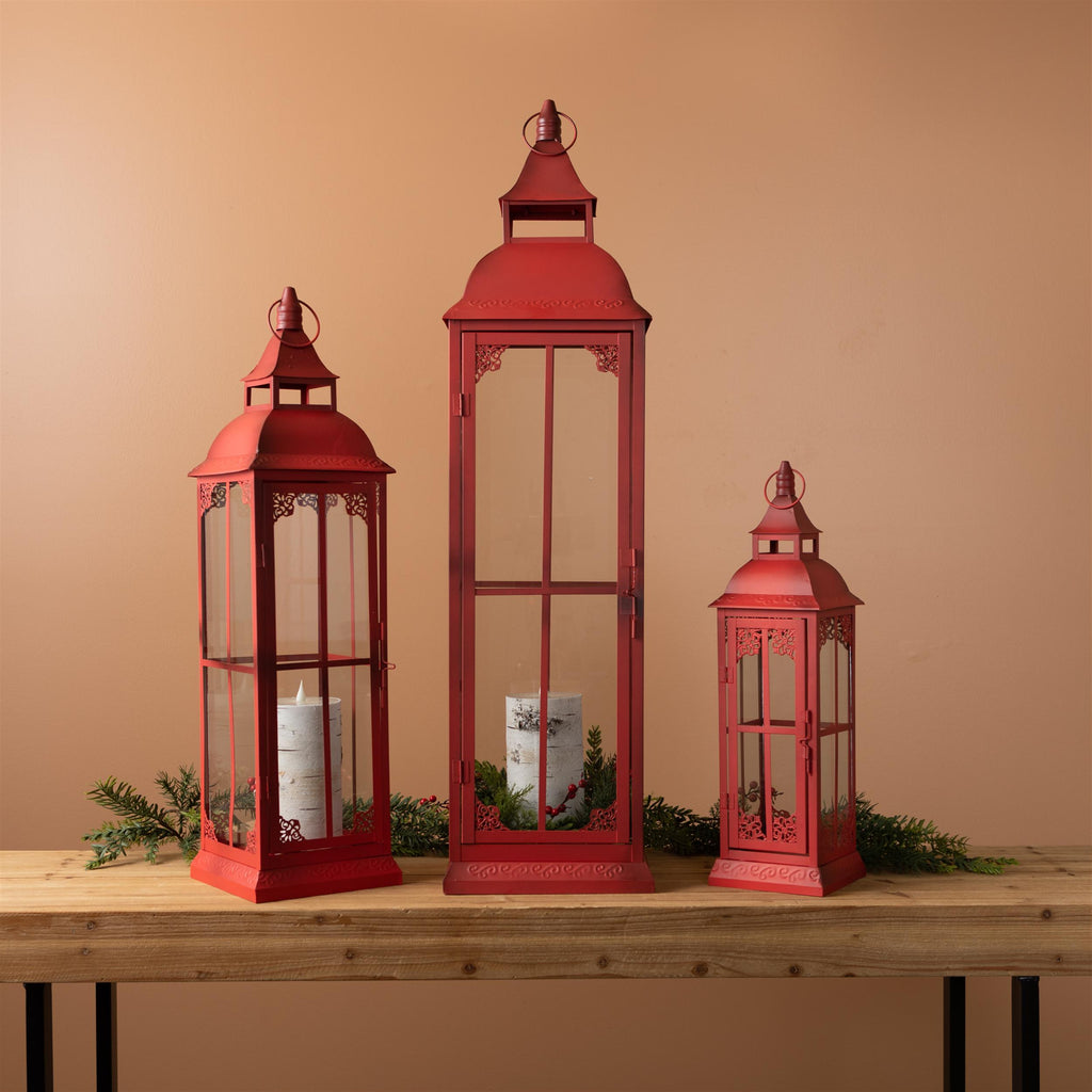 Red Metal Floor Lantern Set of 3