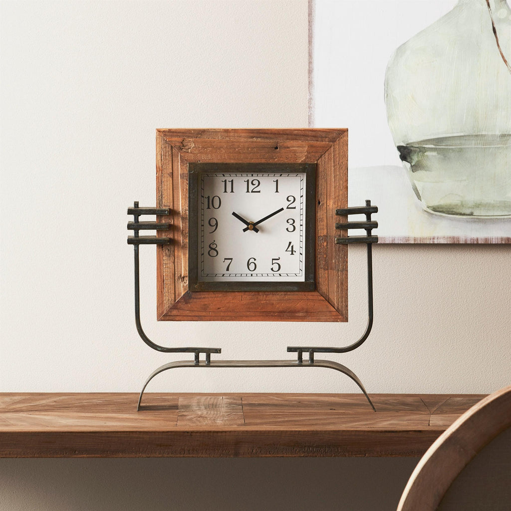 Rustic Wood Tabletop Clock on Metal Stand