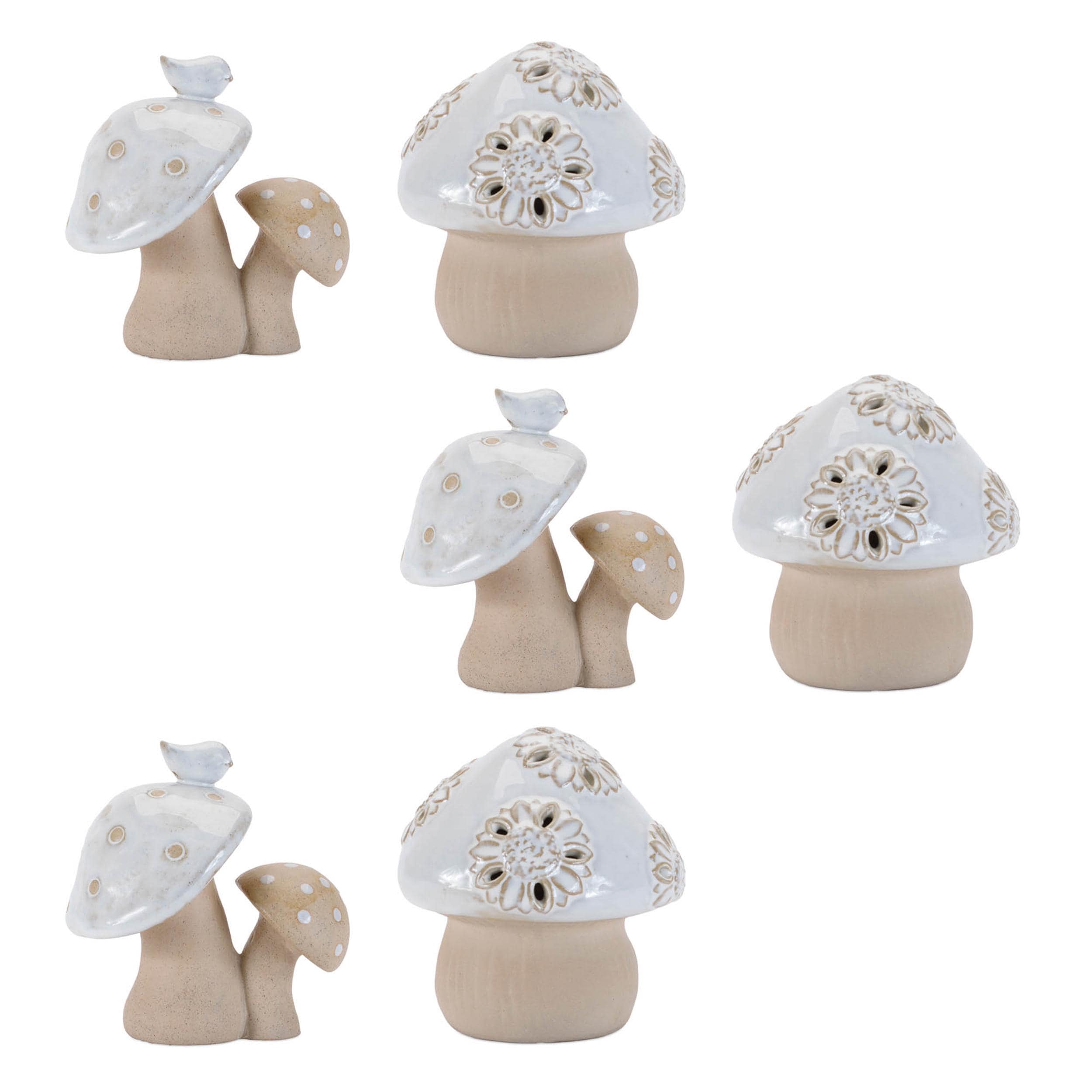 Neutral Porcelain Mushroom Decor Set – Cottage Farmhouse Shelf Accents (Set of 6)