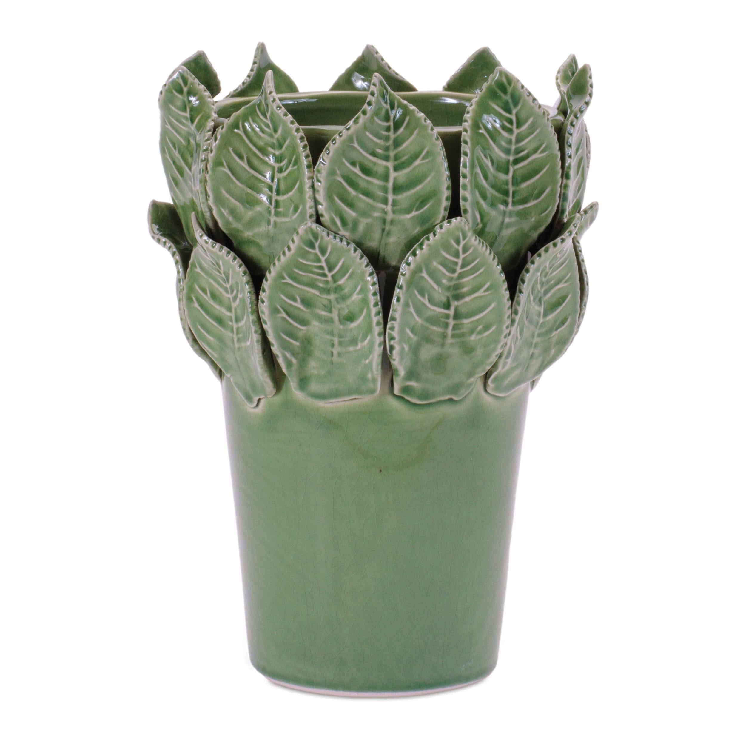 Green Stoneware Vase with Leaf Detail | Farmhouse Shelf Decor 7.5 Inch